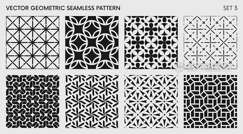 无缝矢量优雅抽象几何图案的各种设计，黑白节奏重复的纹理，创意现代背景与元素的各种形状，集3