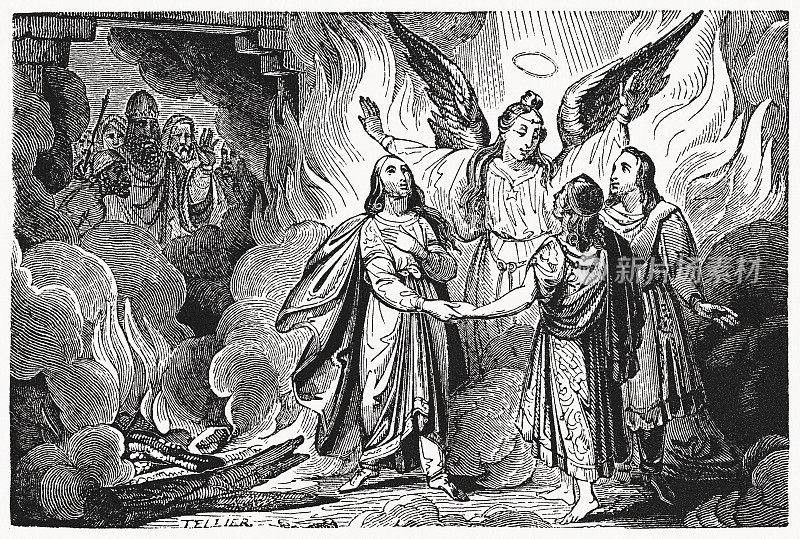 《但以理在烈火窑中的朋友》(但以理书3)，木刻，1835年