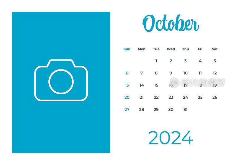 2024年10月-日历与照片或插图的地方。日历矢量模板为2024年。一周从周日开始