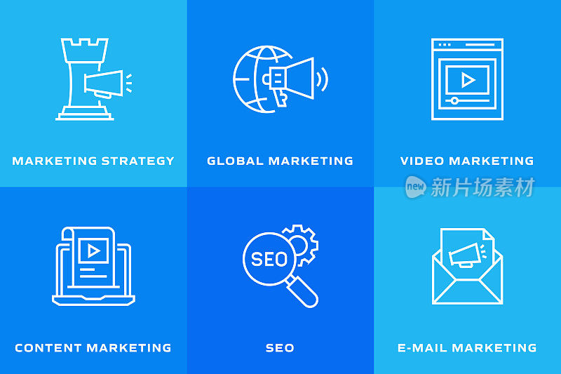 营销相关的矢量线图标。轮廓符号集合