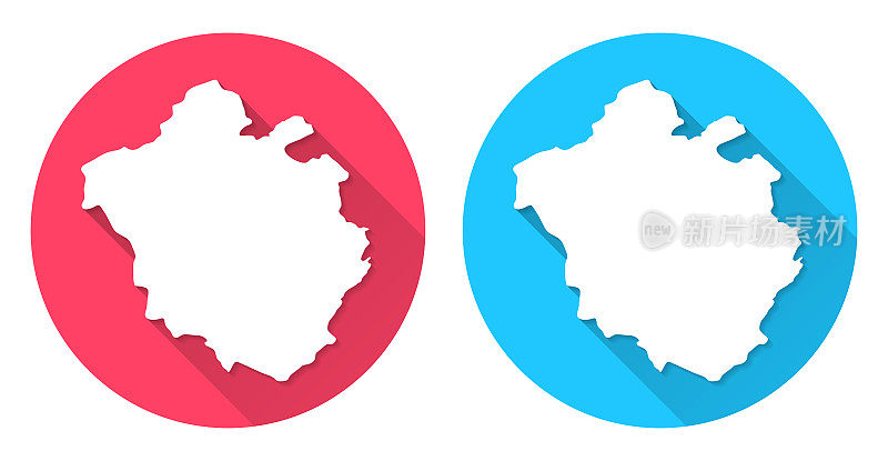 昌迪加尔地图。圆形图标与长阴影在红色或蓝色的背景