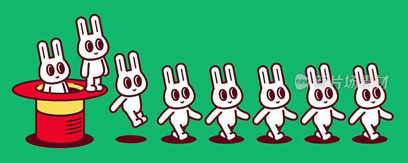 一群兔子不断地从一顶魔法帽子里跳出来，走一条直线。