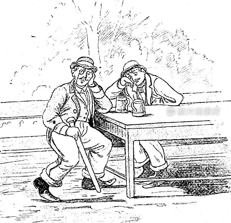 两个醉汉抱着沉重的头坐在一张桌子旁