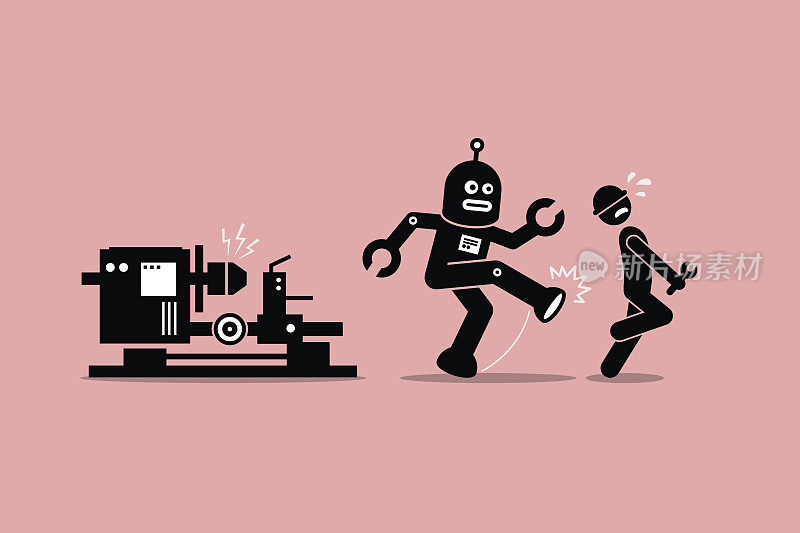 机器人机械师把在工厂工作的人类技术人员踢走了。