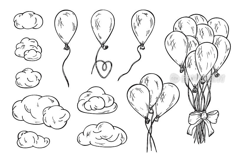 手绘涂鸦气球和云彩矢量集