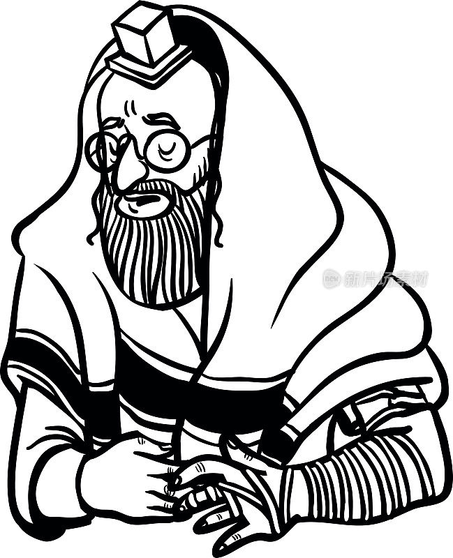 一个犹太人在祈祷，穿着tfilin。矢量图