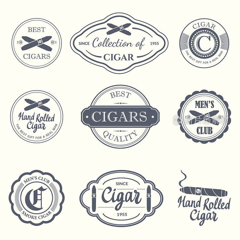 矢量插图与标志和标签。简单的符号烟草雪茄