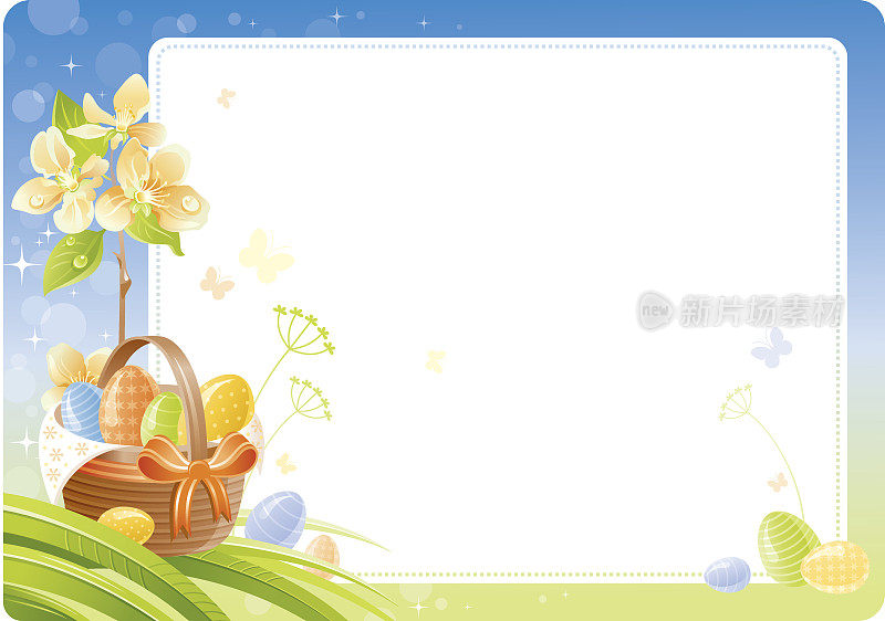 春天复活节的背景有开花的树枝，篮子和鸡蛋