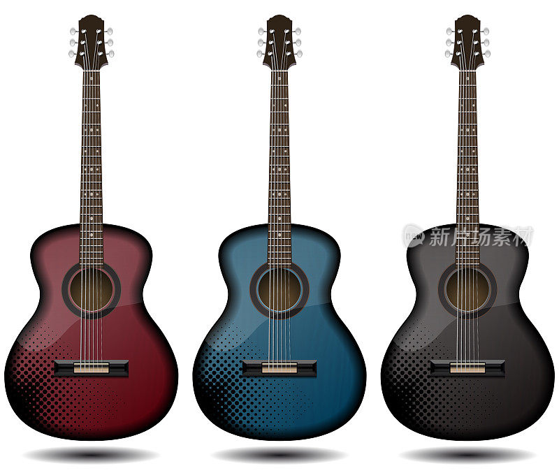吉他设置孤立的白色背景。经典吉他为您的业务项目。黑色、红色和蓝色的木吉他。矢量图