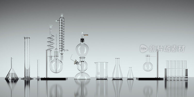 白色背景上的玻璃化学实验室设备。三维渲染