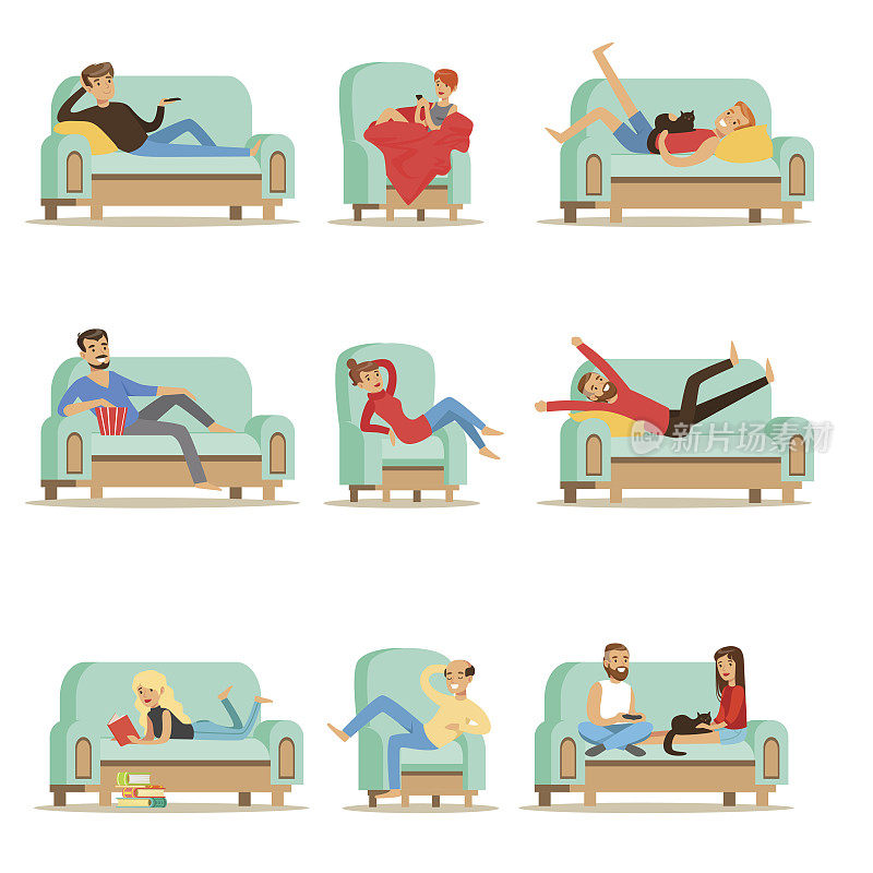 人们休息在家里放松在沙发或扶手椅有懒惰的自由时间和休息一组插图