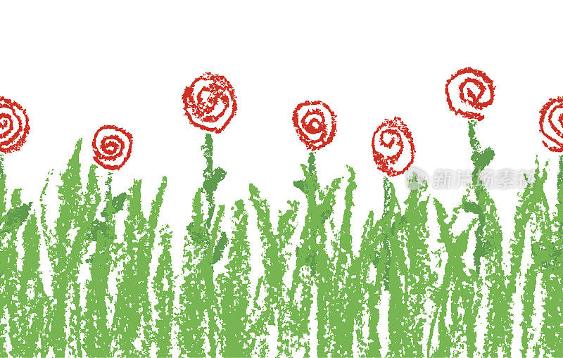 蜡笔一样画的小草和红玫瑰无缝图案。像孩子画的粉笔盛开的花朵集。夏季开花的草地。