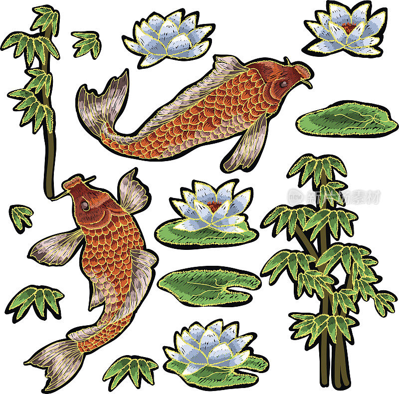 日本传统鲤鱼和花卉刺绣。