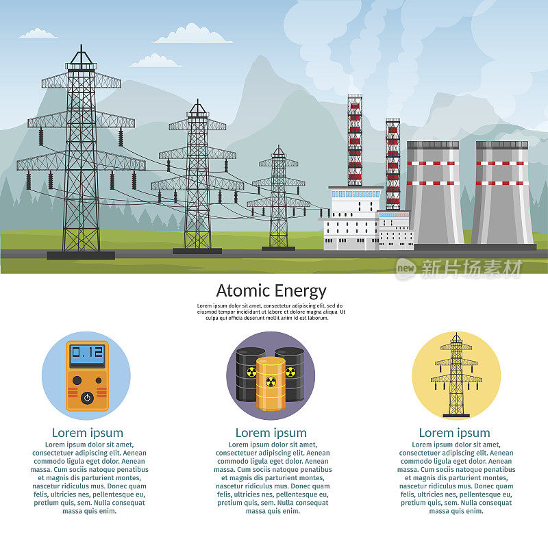 核电厂矢量插图的背景信息图原子能。