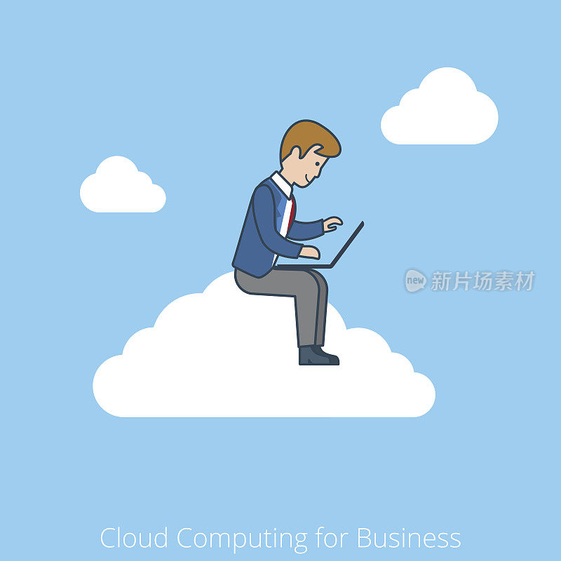 线性平面线条艺术风格的云计算业务概念。商人工作笔记本电脑坐在云端。概念商人矢量插图收集。