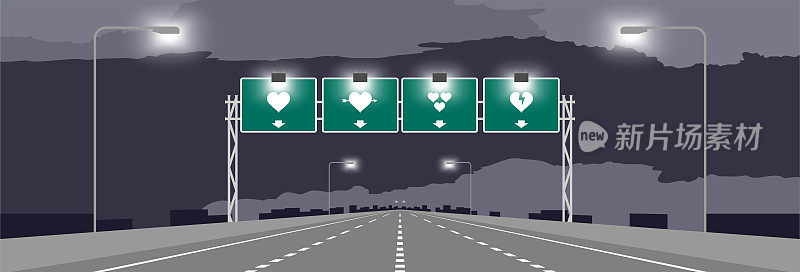 高速公路或高速公路和绿色标志心形情人节概念设计在夜间插图在黑暗的天空背景，与复制空间