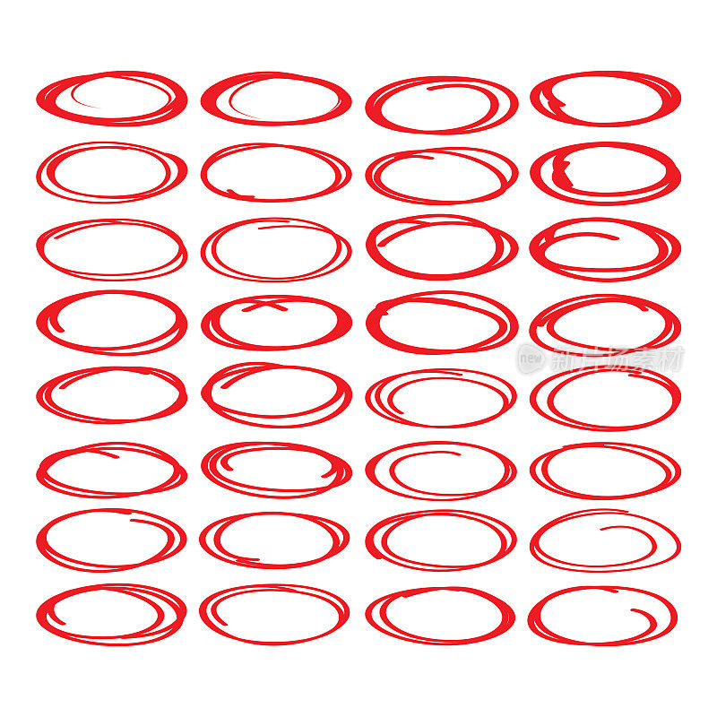 大型收藏红色椭圆，高亮圆，红色笔画标记，红色圆形状集。