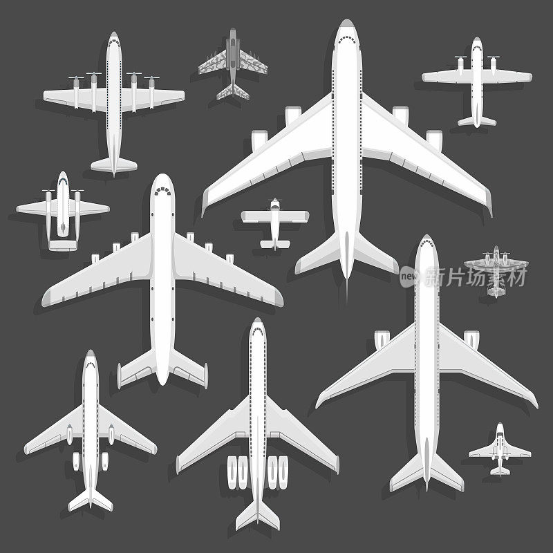 矢量飞机图标顶视图矢量插图孤立在背景上。乘机场航班旅行度假运输客机。涡轮航行飞行员飞机喷气机