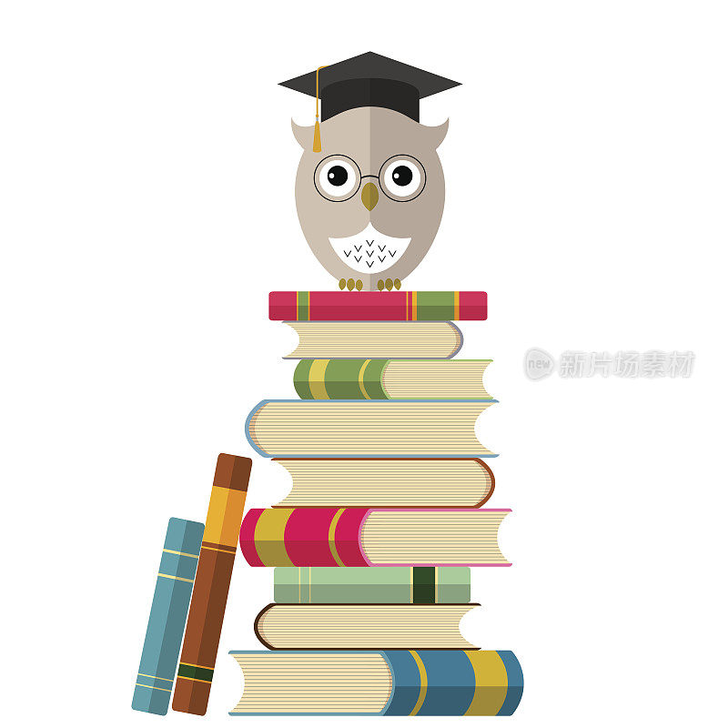 戴眼镜戴毕业帽的可爱猫头鹰。教育和返校理念背景
