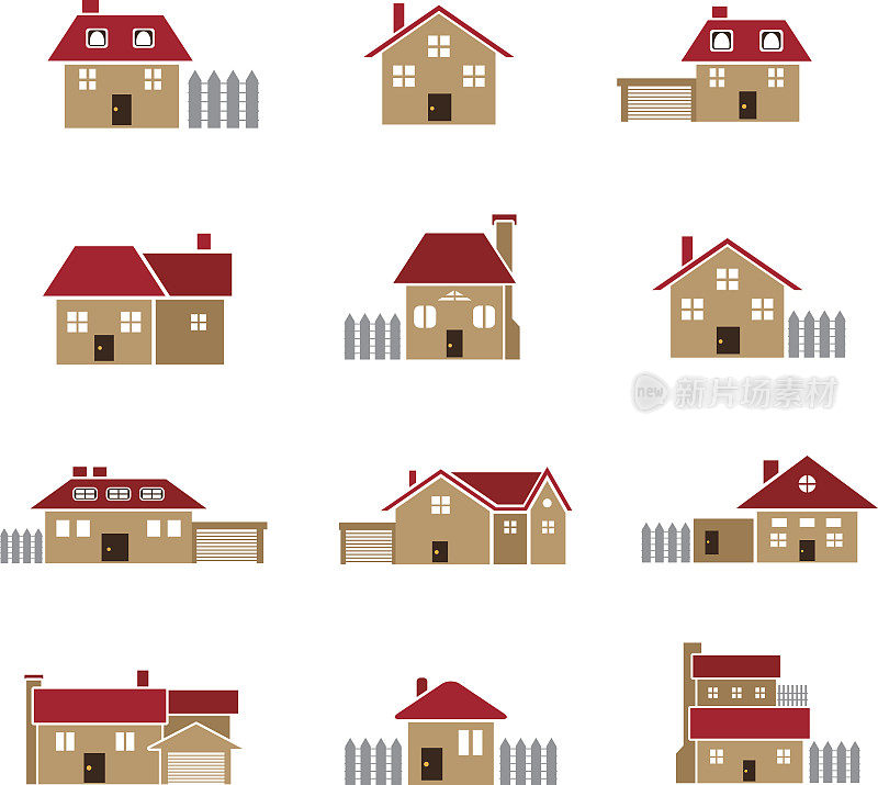 剪辑艺术，房子向量图标设置颜色，孤立的，城市和农村的烟囱和红色屋顶的房子