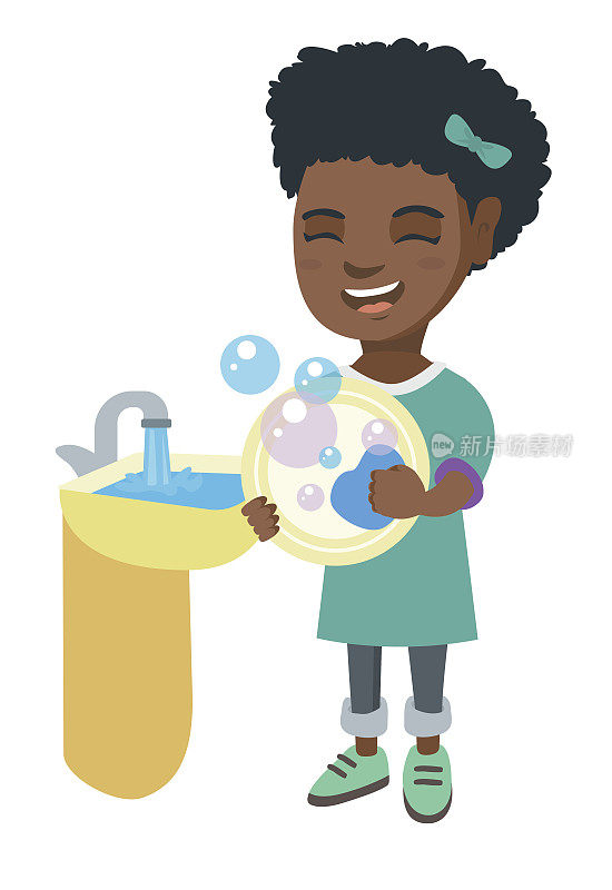非洲小女孩在水槽里洗盘子