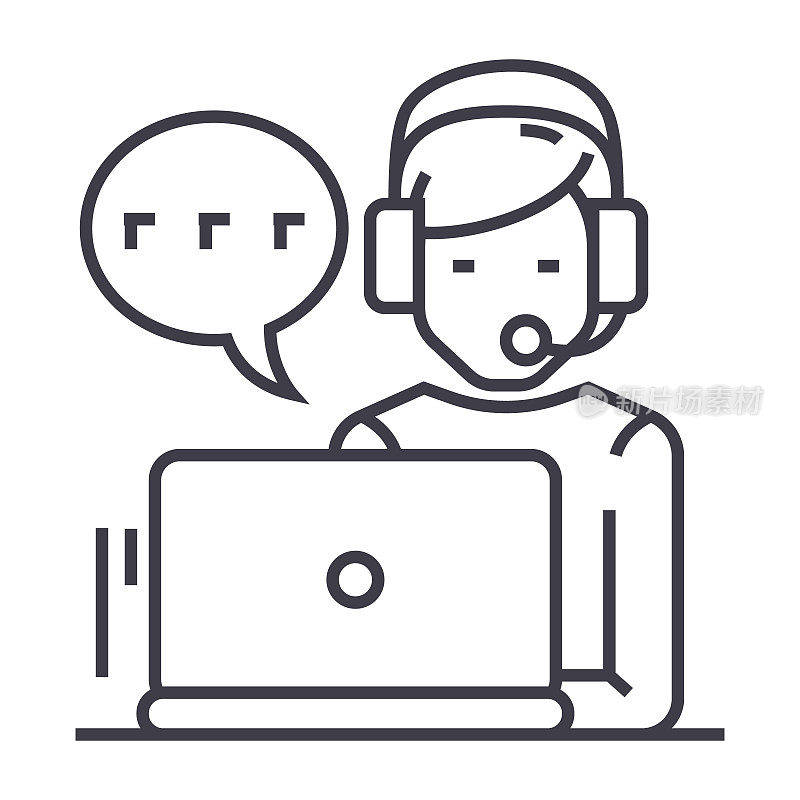支持，客服，人与电脑和耳机聊天矢量线图标，标志，插图的背景，可编辑的笔画