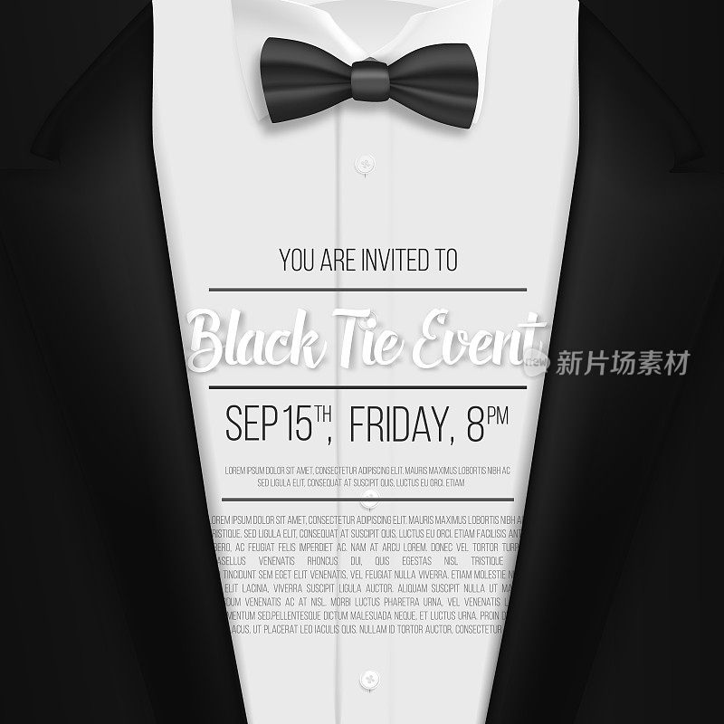 向量黑色西装。黑领结活动邀请模板。现实向量3D男人西装与领带