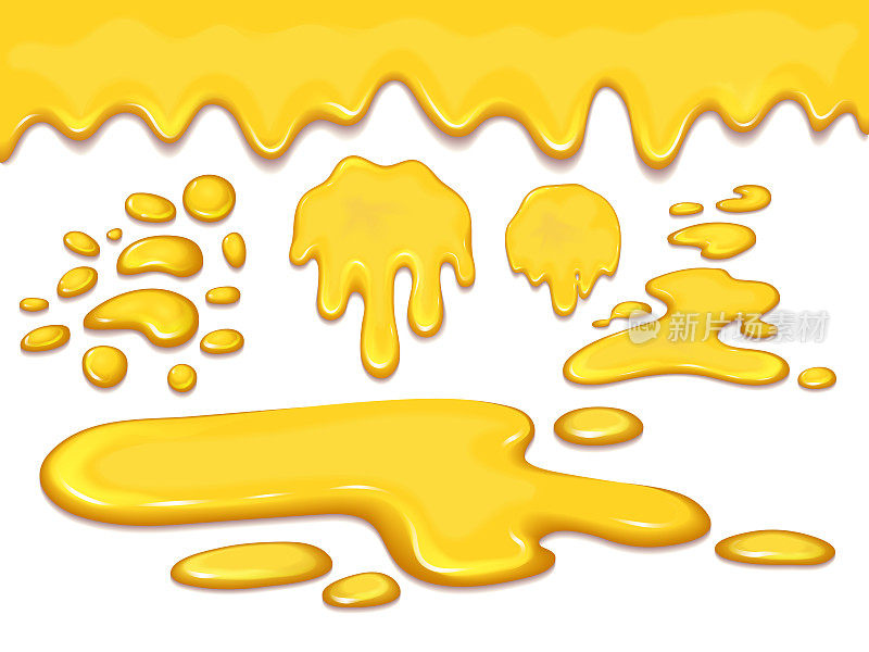 一套橙色蜂蜜滴和黄色飞溅健康糖浆金色食品液体滴矢量插图