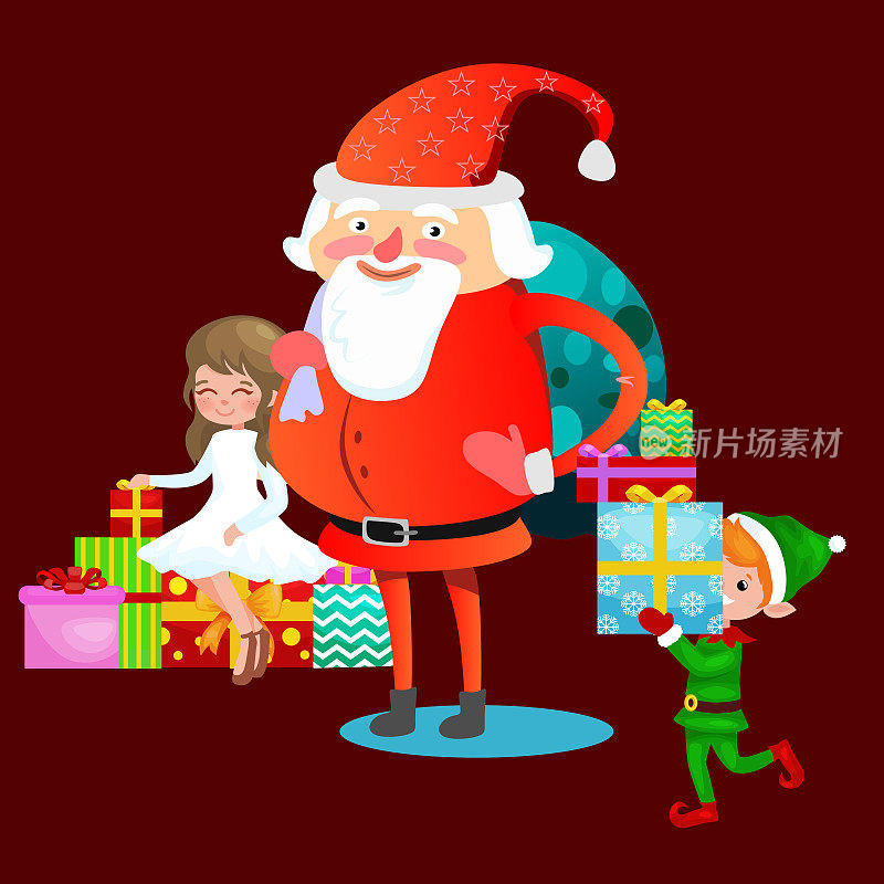 圣诞老人戴着红色的帽子和胡子坐在椅子上的兔子在手里许下愿望，精灵和有金色翅膀的魔法仙女帮助和准备礼物，结婚的圣诞和快乐的新年矢量插图