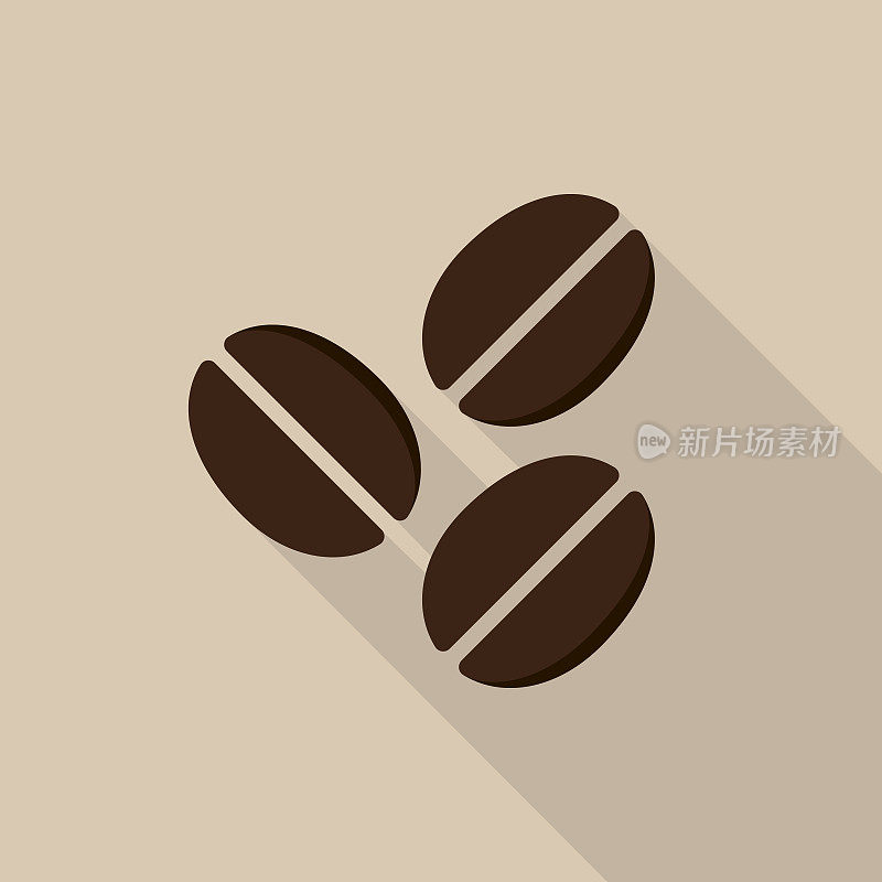 咖啡色背景上带有长阴影的咖啡豆图标，平面设计风格