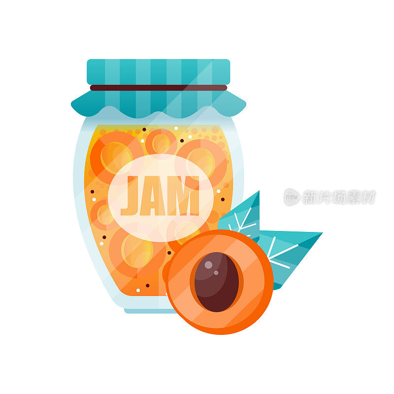 杏酱，水果配置玻璃罐矢量插图上的白色背景