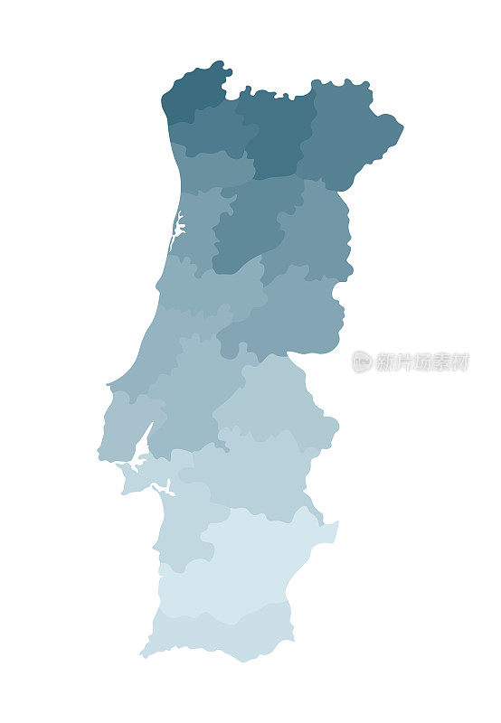 葡萄牙简化行政地图矢量孤立插图。地区边界。五颜六色的蓝色卡其色轮廓