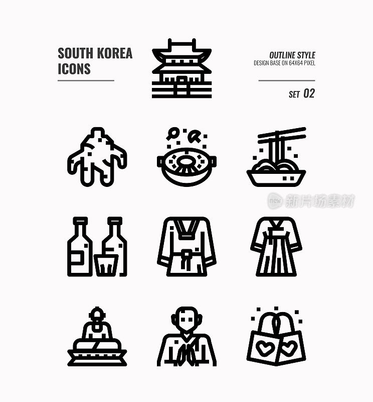 韩国图标2。包括地标、美食、传统文化等。轮廓图标设计。矢量图
