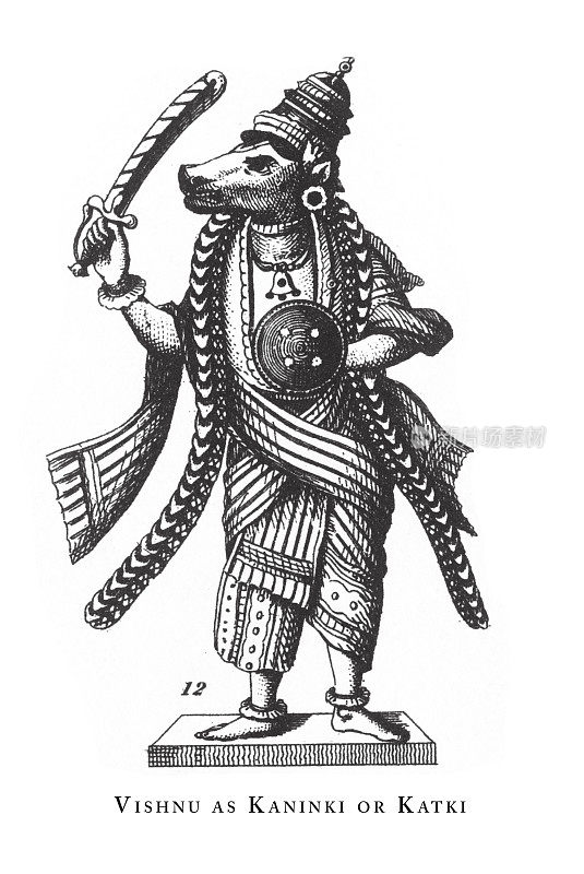 印度教和佛教的宗教符号和宗教器具雕刻古董插图，出版于1851年