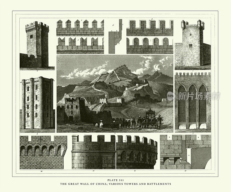 雕刻古玩、中国长城、各种城垛雕刻古玩插图，1851年出版