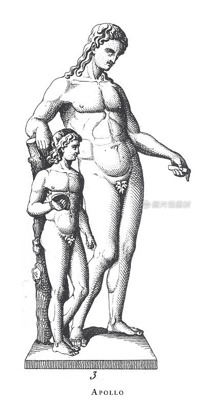 阿波罗，火星祭品;其他神话人物雕刻古董插图，1851年出版