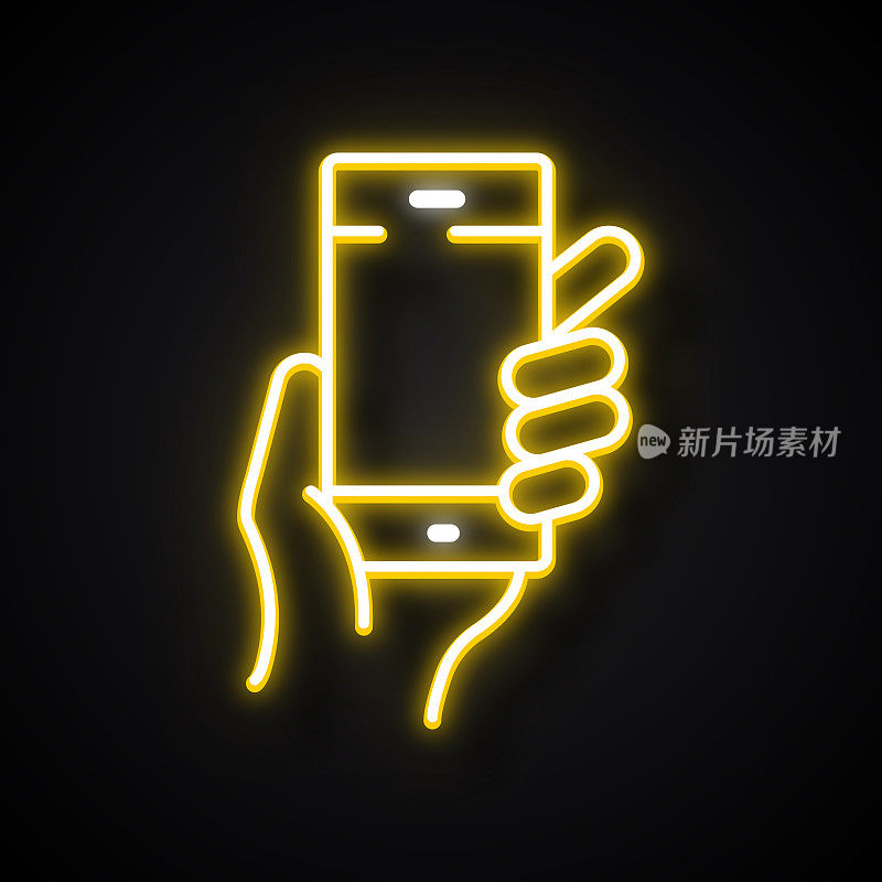 发光霓虹灯效果智能手机图标。大纲符号集合