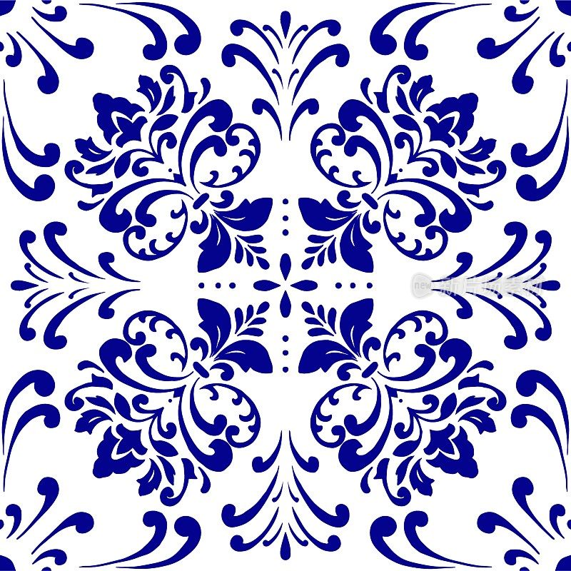 矢量瓷砖图案，里斯本阿拉伯花卉马赛克，地中海海军蓝装饰。