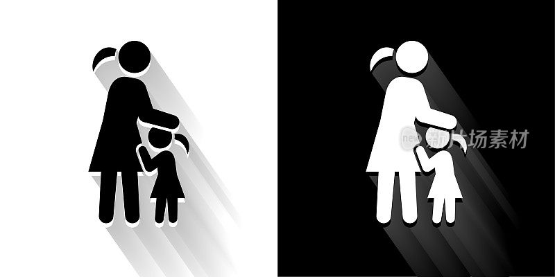 母亲和女儿黑色和白色图标与长影子