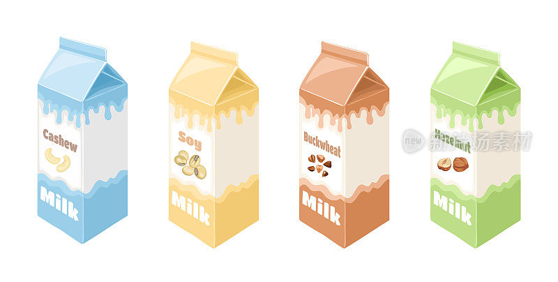纯素牛奶在纸盒隔离在白色背景设置。矢量插图植物饮料在卡通平面风格。有机牛奶无腰果，榛子，大豆和荞麦牛奶。