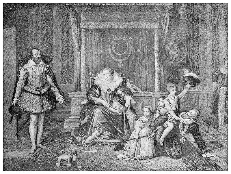 过去重要人物的古董插图:法国亨利四世在家