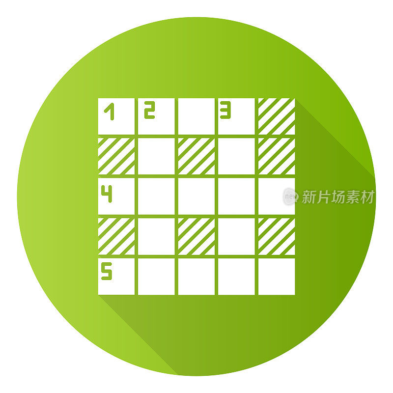 数学拼图绿色平面设计长阴影字形图标。网格数独。数字位置。逻辑游戏。神秘的填字游戏。精神运动。脑筋急转弯。向量轮廓图