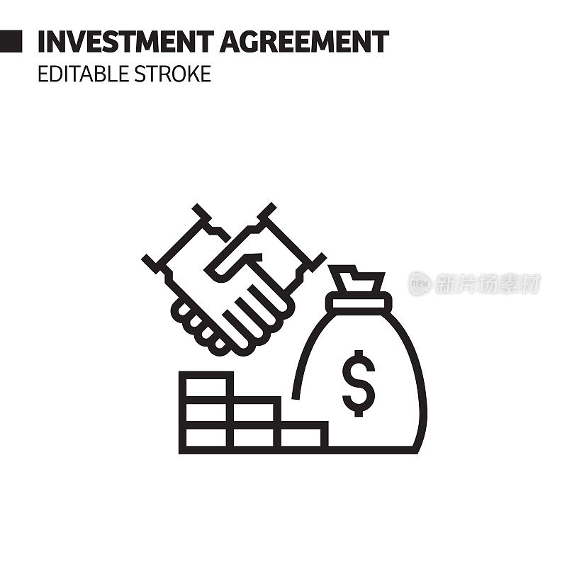 投资协议线图标，轮廓矢量符号插图。像素完美