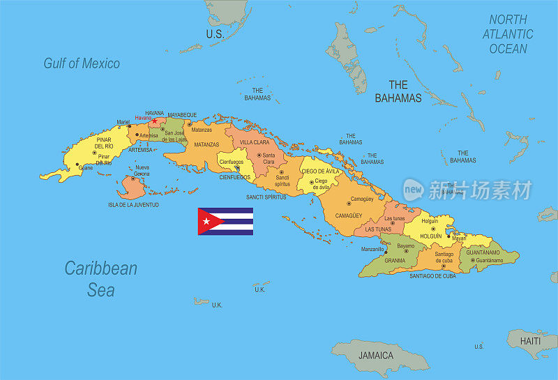 带旗帜的古巴平面地图