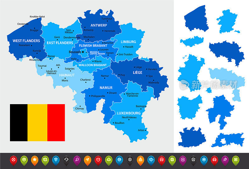 比利时地图与地区，导航图标和国旗。文件包含分隔的区域