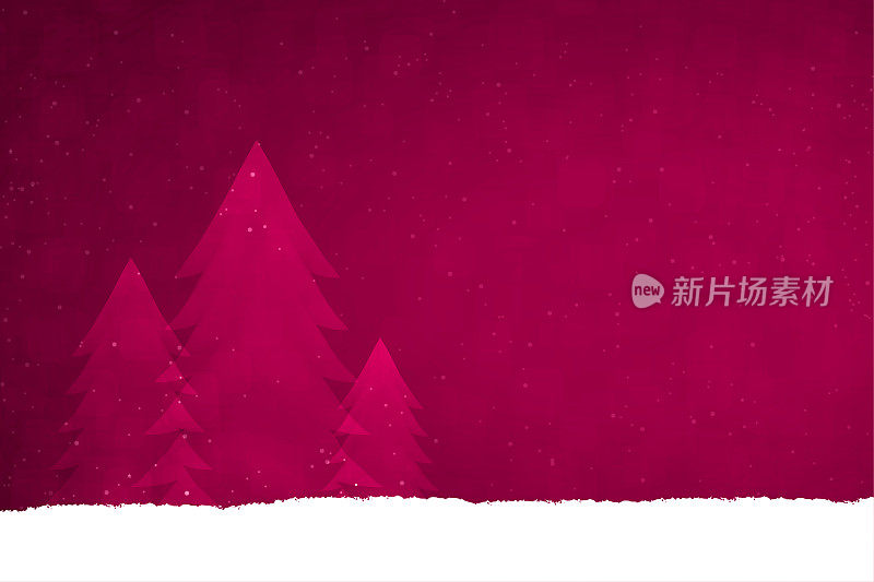 暗红色创意圣诞和新年矢量设计，三棵圣诞针叶树在霜雪中排成一行