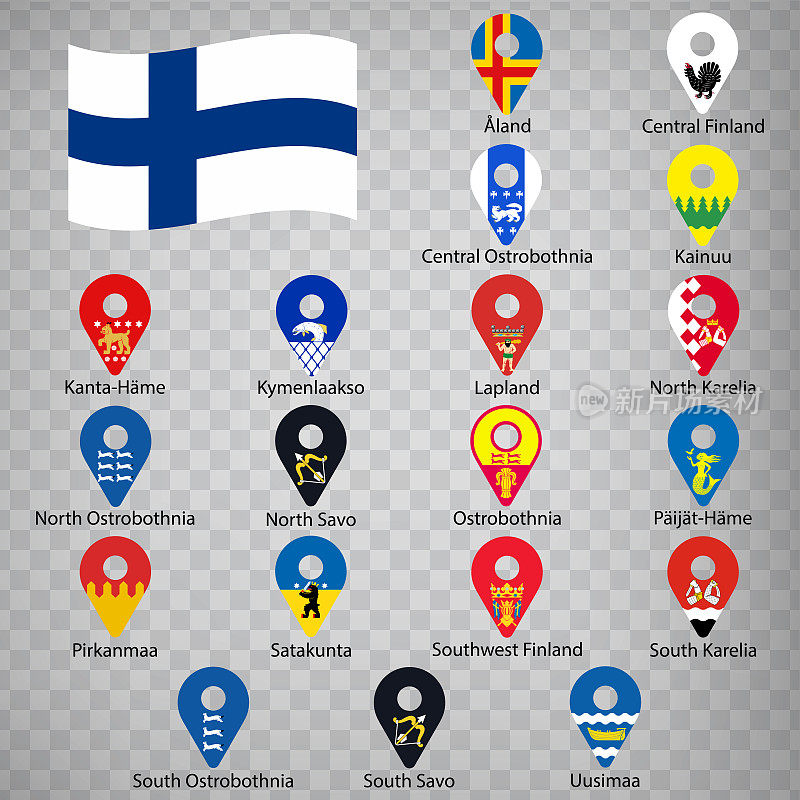 芬兰的19个地区-按字母顺序排列。2d地理定位标志，如旗帜芬兰地区。19个2d地理位置标志为您的设计。EPS10