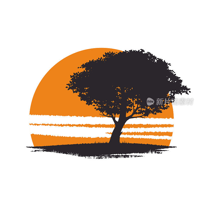 矢量插图，海报，t恤设计模板。一棵弯曲的树的剪影，背景是云和太阳。