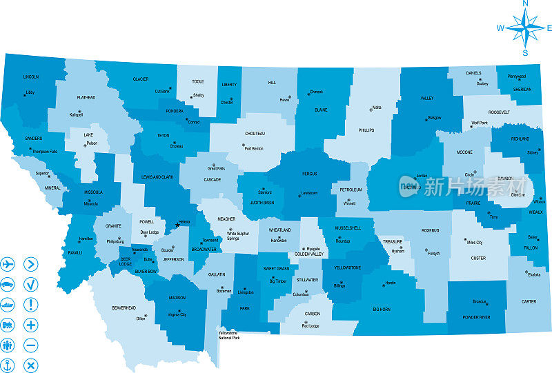 蒙大拿地图与图标和键
