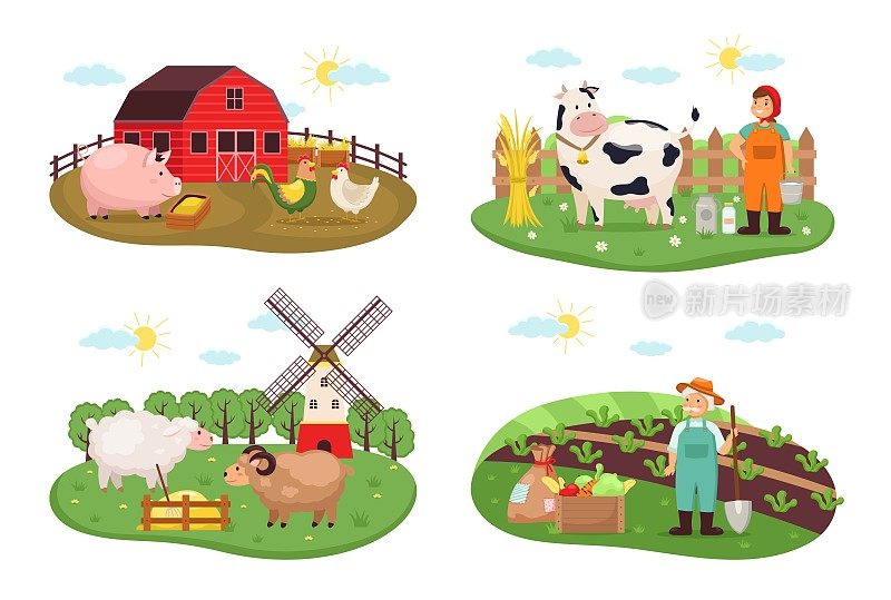 农场的场景。农村自然农作和畜牧业，农作有种植户男女，家禽饲养场，牛奶和蔬菜收获。农村向量的概念